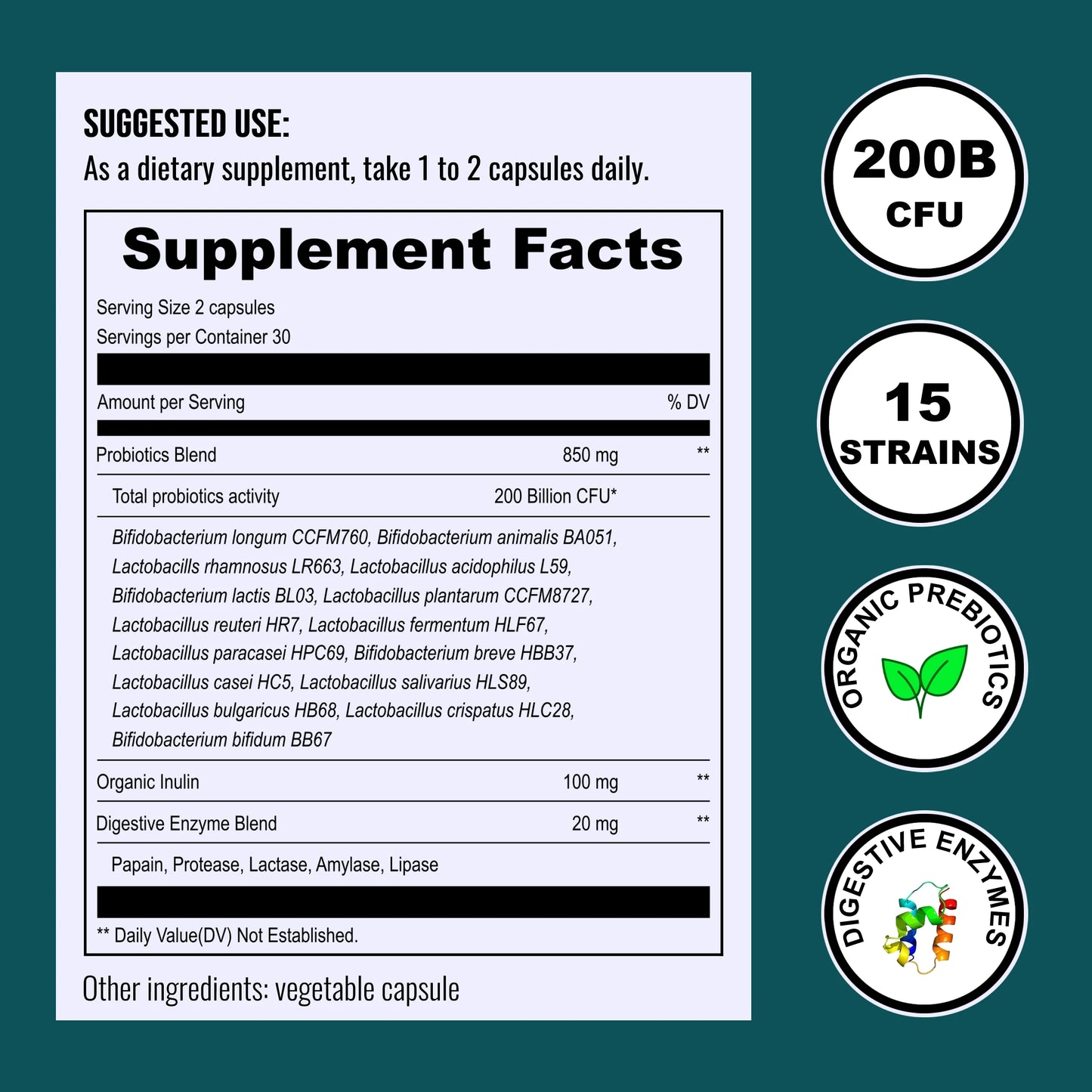 200 Billion Cfus Probiotics for Women & Men, Daily Probiotics Supplement with Organic Prebiotics, Digestive Enzymes, 15 Clinically Tested Strains, Immune & Gut Health Support - 60 Capsules