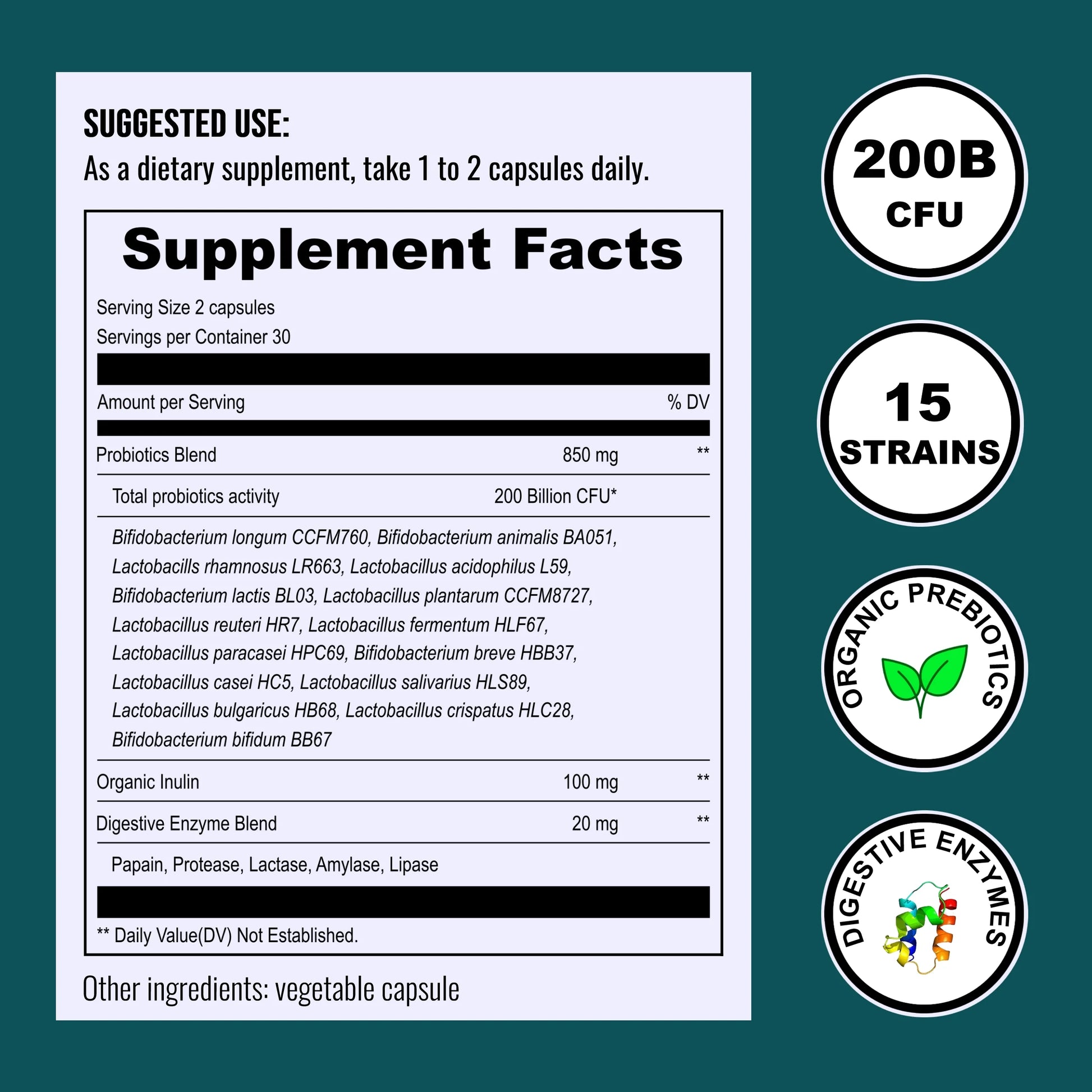 200 Billion Cfus Probiotics for Women & Men, Daily Probiotics Supplement with Organic Prebiotics, Digestive Enzymes, 15 Clinically Tested Strains, Immune & Gut Health Support - 60 Capsules