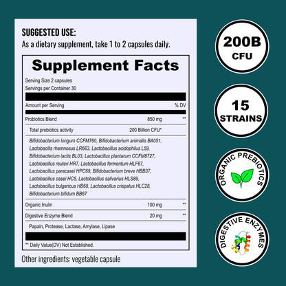 200 Billion Cfus Probiotics for Women & Men, Daily Probiotics Supplement with Organic Prebiotics, Digestive Enzymes, 15 Clinically Tested Strains, Immune & Gut Health Support - 60 Capsules